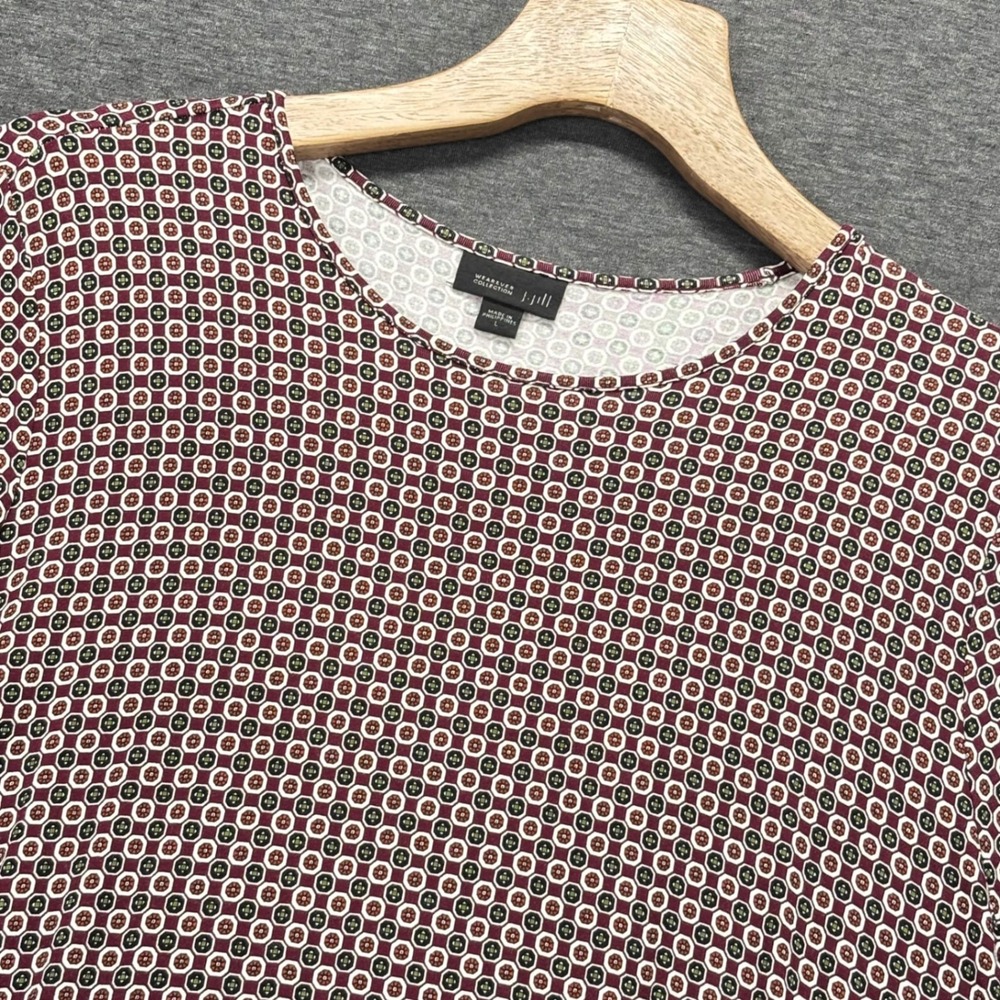 JJill Tunic Womens L Burgundy Geometric 3/4 Sleeve A-Line Rayon Spandex stretch